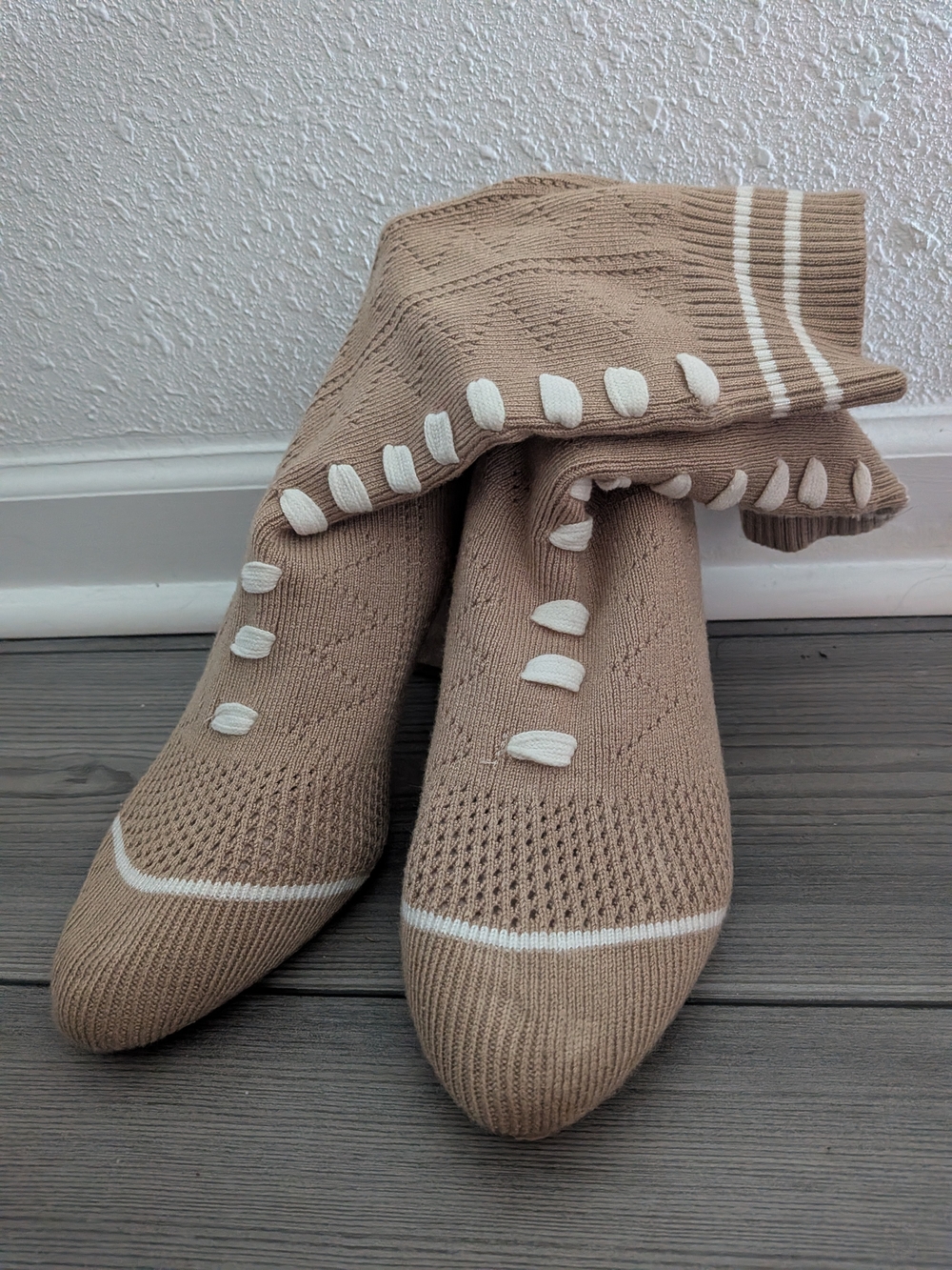 Beige Knit Sock-Style Heeled Boots with White Accents